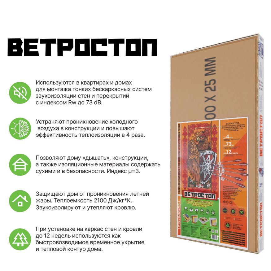 Ветрозащитная шумоизоляционная панель ВЕТРОСТОП 2500х600х25 мм с шип-пазом 19 мм купить в Владимире