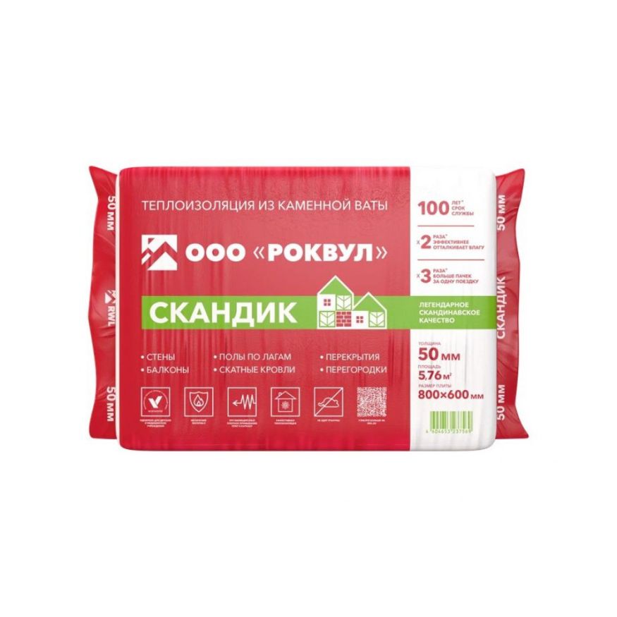 Утеплитель Роквул Скандик 50мм, 12 плит, 5.76м2, 600х800мм, 0.288м3 Rockwool купить в Владимире