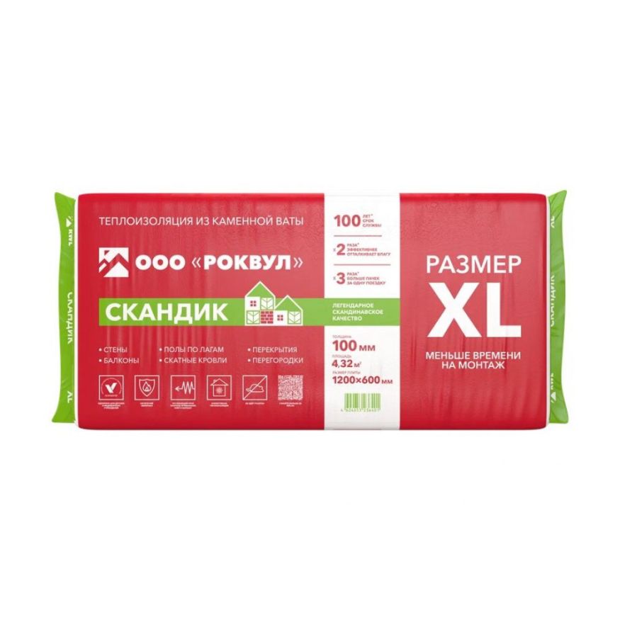 Утеплитель Роквул Скандик XL 100мм, 6 плит, 4.32м2, 600х1200мм, 0.432м3 Rockwool купить в Владимире