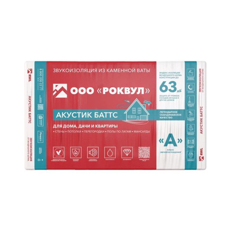 Утеплитель Роквул Акустик Баттс 100мм, 5 плит, 3м2, 600х1000мм, 0.3м3 Rockwool купить в Владимире